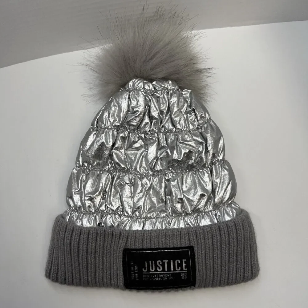 Justice Girls Faux Fur Pom Metallic Silver Quilted Beanie